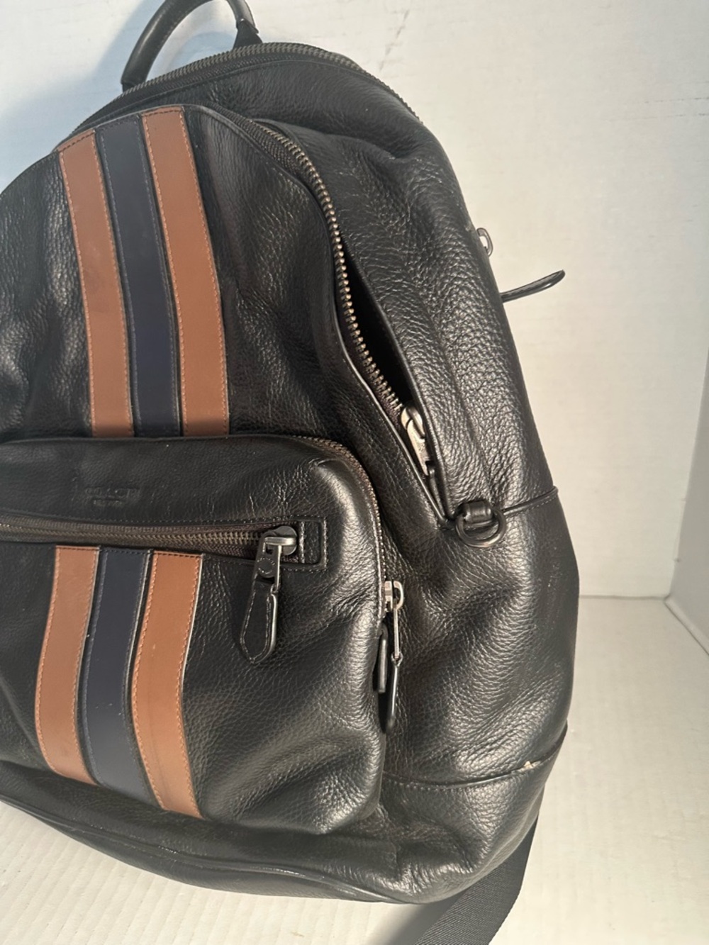 Coach Black Leather Backpack with Brown and Navy Stripe Detailing - Picture 10 of 16